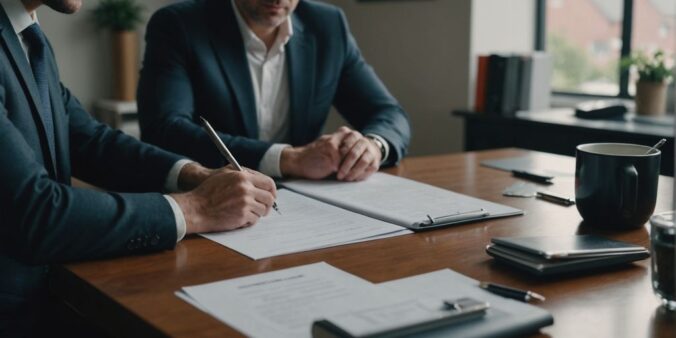 Business owner checking insurance papers at a desk