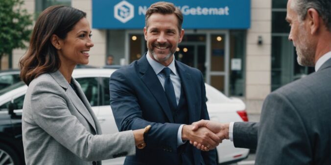 National General Insurance agent shaking hands with a happy customer outside the office, symbolizing trust and satisfaction.