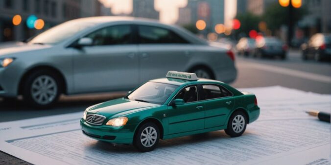 Car with dollar sign representing affordable auto insurance, cityscape background, and insurance documents.