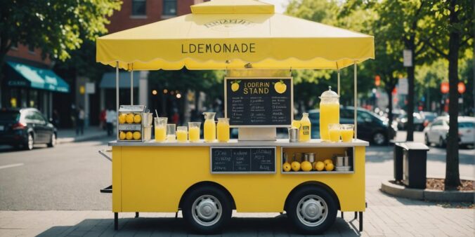 Lemonade stand with digital elements representing innovative insurance solutions.