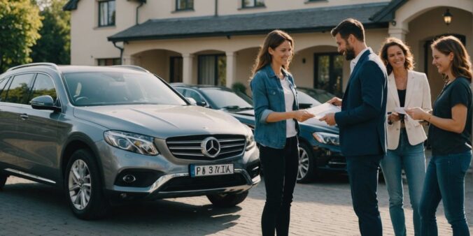 Happy family with new car receiving insurance documents from agent