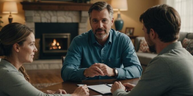 Insurance agent explaining AAA Insurance benefits and coverage to a family in a living room.