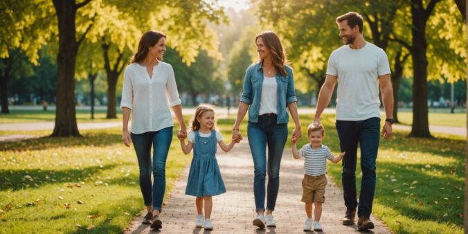 Happy family of four in a sunny park, symbolizing the benefits of Globe Life Insurance plans.
