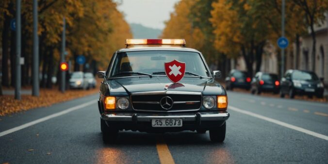 Car on road with shield icon symbolizing direct auto insurance benefits and protection.