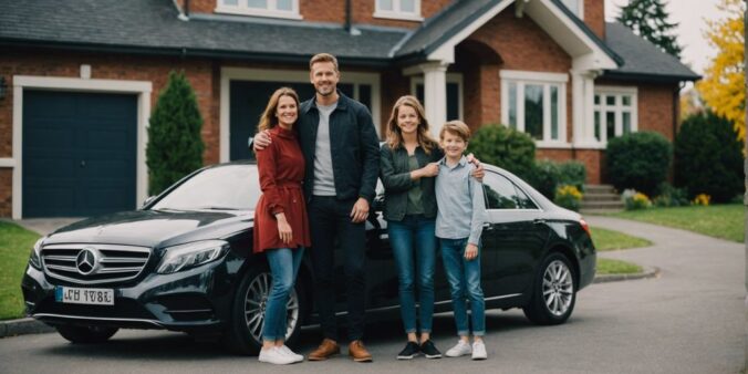 Happy family in front of house with car, representing Safeco Insurance for auto and home coverage.