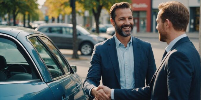 Car insurance agent shaking hands with a customer in front of a car, symbolizing trust and satisfaction.