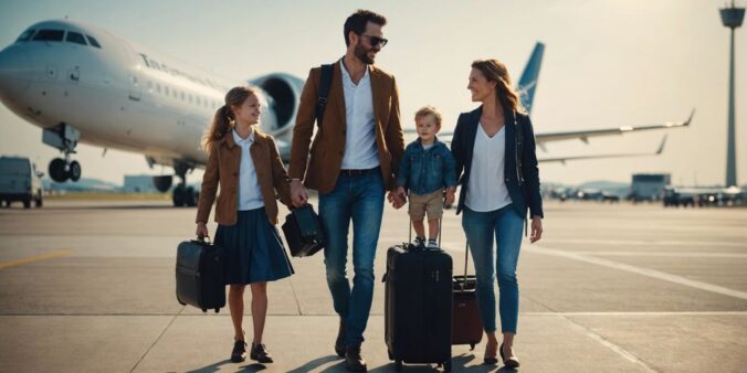 Happy family with suitcases at airport, plane taking off, symbolizing travel and safety with Allianz Travel Insurance.