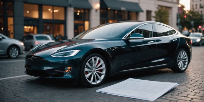 Tesla car, insurance papers, shield icon, tailored coverage