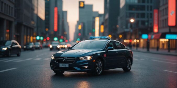 Car with shield icon, cityscape background, financial graph overlay, representing gap insurance coverage.