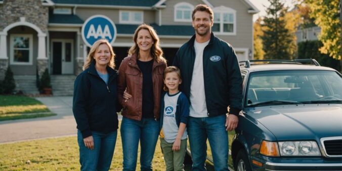 Happy family with their car and AAA Auto Insurance logo, symbolizing trust and protection.