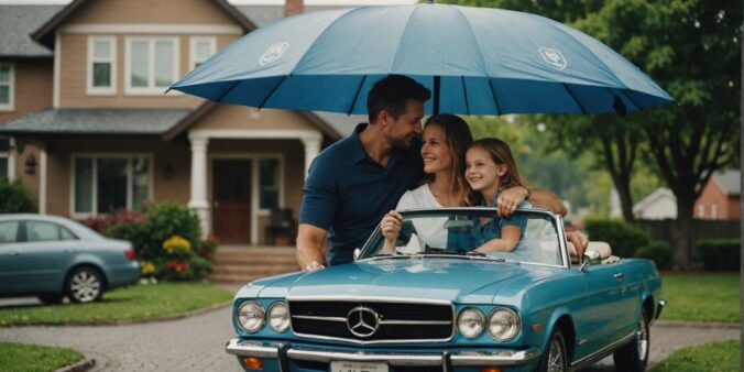 Family protected by umbrella with house, car, shield icons