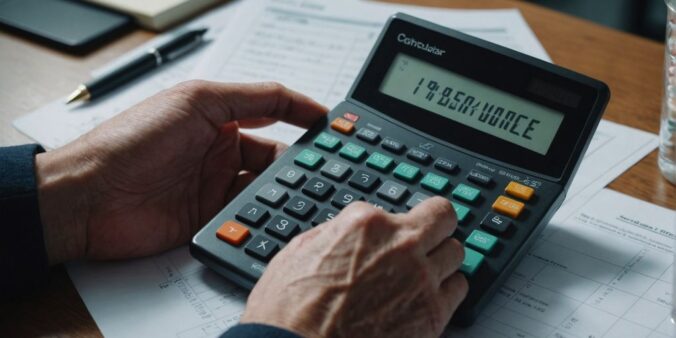 Person calculating insurance premiums with calculator and documents.