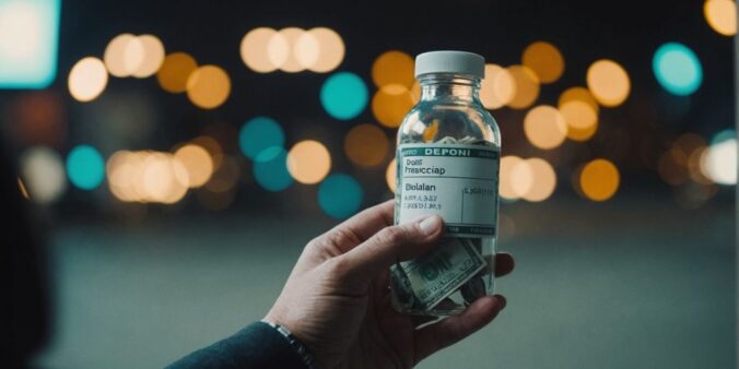 Prescription bottle with dollar signs indicating cost